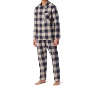 Schiesser heren pyjama geweven flanell ruit – beige/blauw